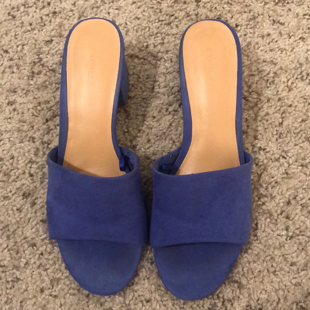 Express blue block slip on heels